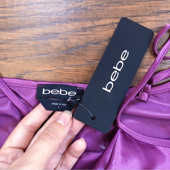 bebe • Satin Cowl Neck Slip Midi Dress Berry pink purple bias cut draped - Picture 5 of 11